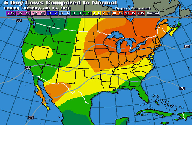 DTN forecast low temperature values compared to normal for early July have got some well-above-normal levels in store for major corn areas. (DTN graphic)